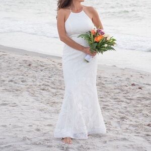 David's Bridal White Halter Lace Wedding Gown